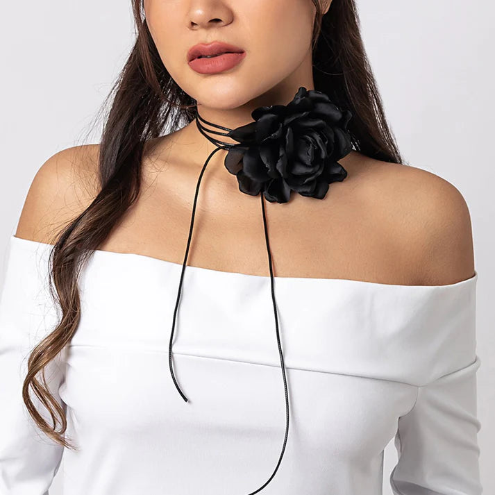 Retro Fabric Flower Choker Ribbon Tassel Necklace