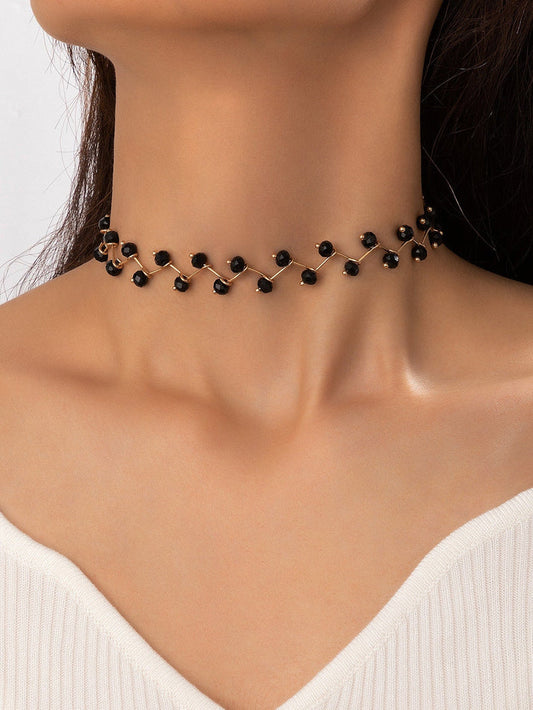 Black Beaded Choker Necklace for Women