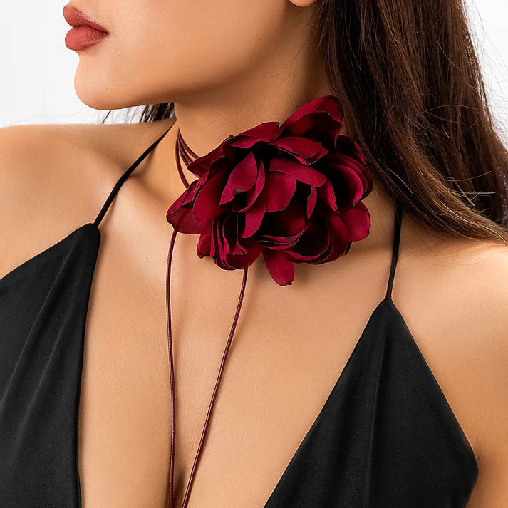 Retro Fabric Flower Choker Ribbon Tassel Necklace
