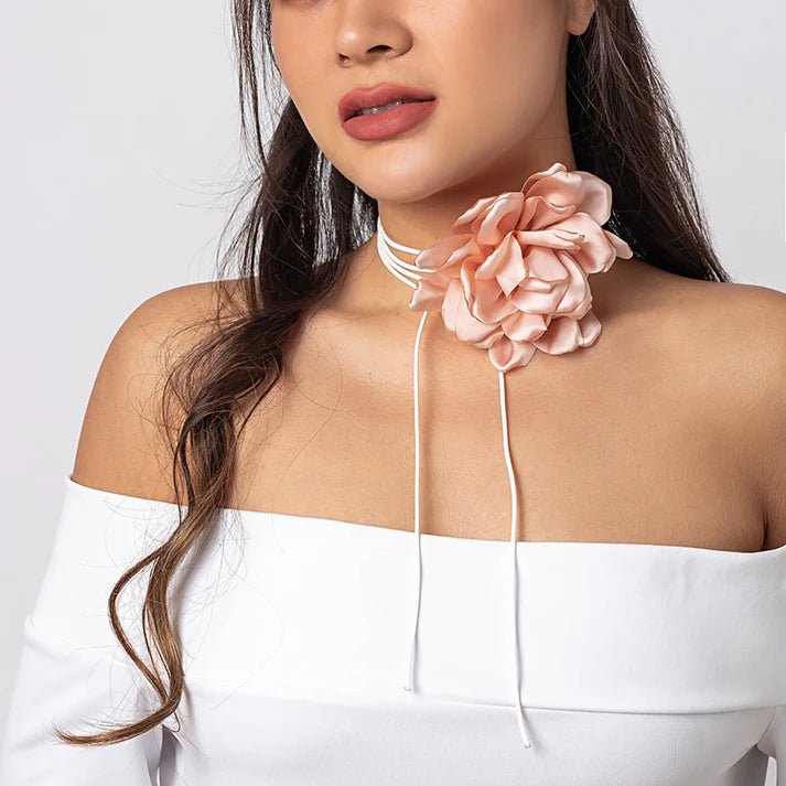 Retro Fabric Flower Choker Ribbon Tassel Necklace