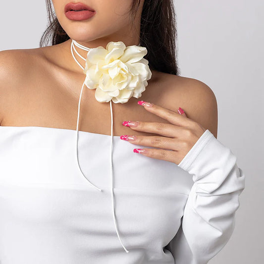 Retro Fabric Flower Choker Ribbon Tassel Necklace